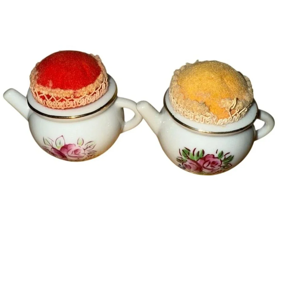 Vintage Enesco Porcelain Teapot Pincushion Set sewing‎ set of 2